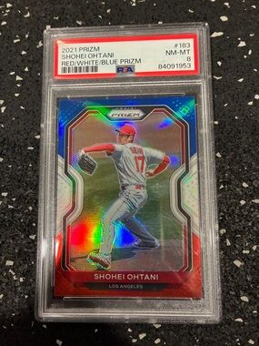 Shohei Ohtani 2021 Prizm Red/White/Blue Prizm Baseball Card PSA 8 and hoodie